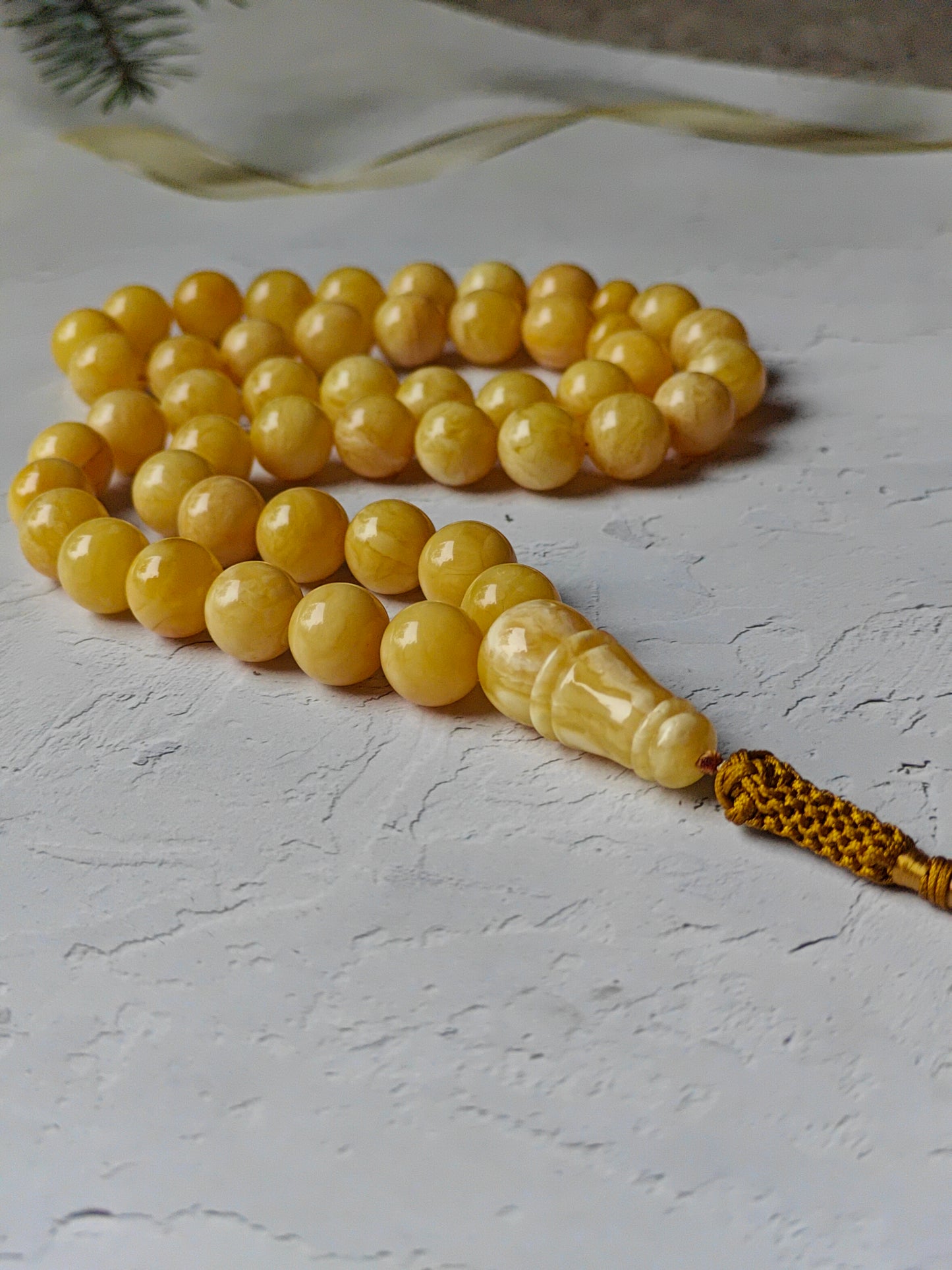 Natural Milk Amber Rosary with Royal White / Tiger Inclusions 47 Beads 12 mm