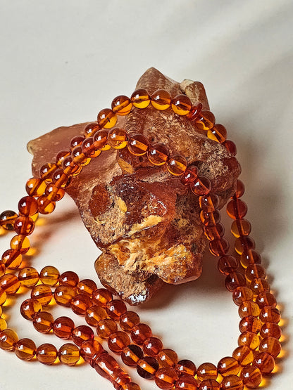 Cognac Raw Amber Piece and Rosary with Silver Tassel | 90,5g