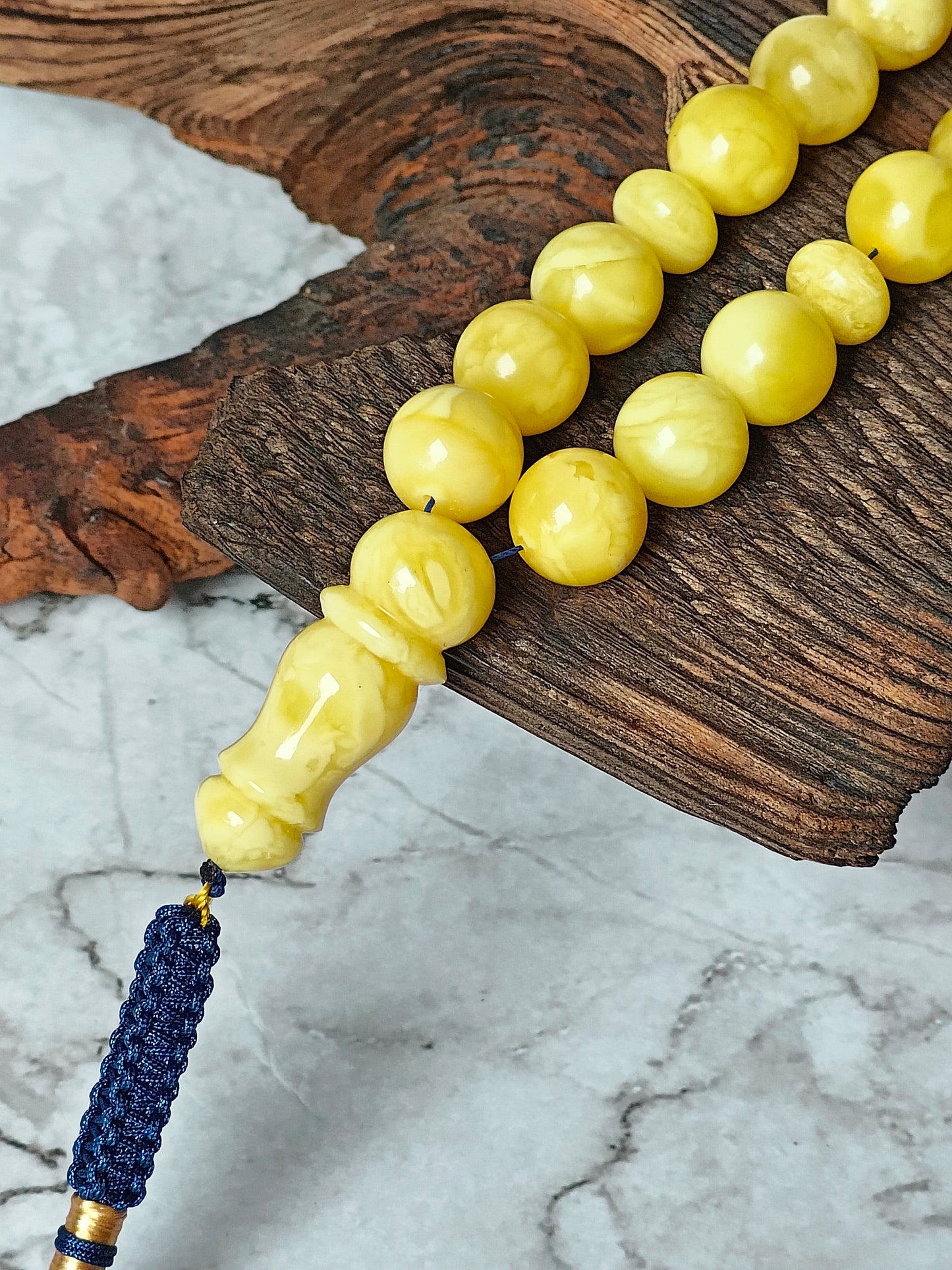 Natural Butterscotch Amber Rosary with Royal White Inclusions 67 Beads