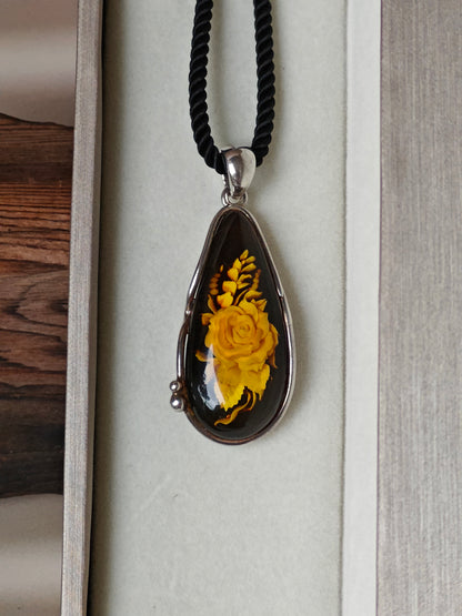 Handmade Crafted Natural Amber Pendant with Rose Shape