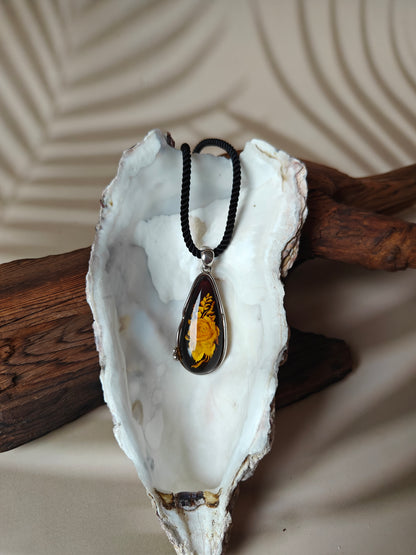 Handmade Crafted Natural Amber Pendant with Rose Shape