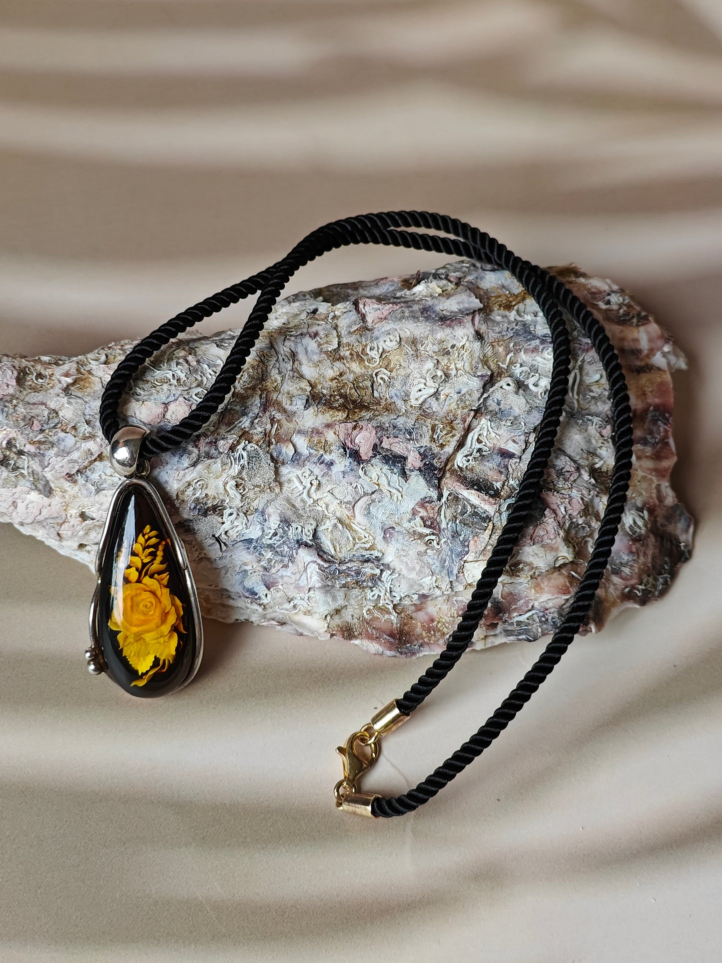 Handmade Crafted Natural Amber Pendant with Rose Shape