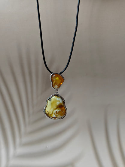 Huge Unique Natural Royal White/ Honey Amber Handmade Pendant in Silver