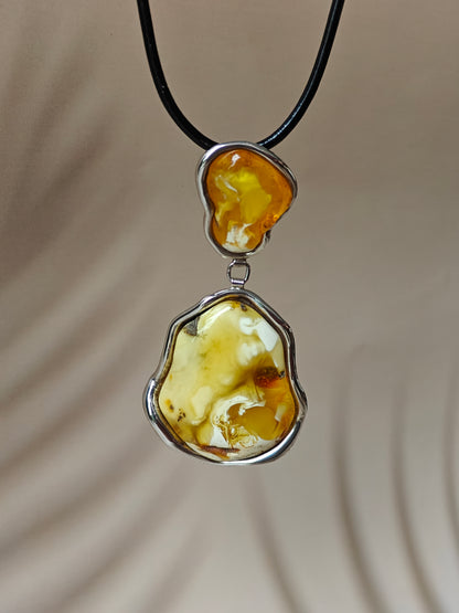 Huge Unique Natural Royal White/ Honey Amber Handmade Pendant in Silver