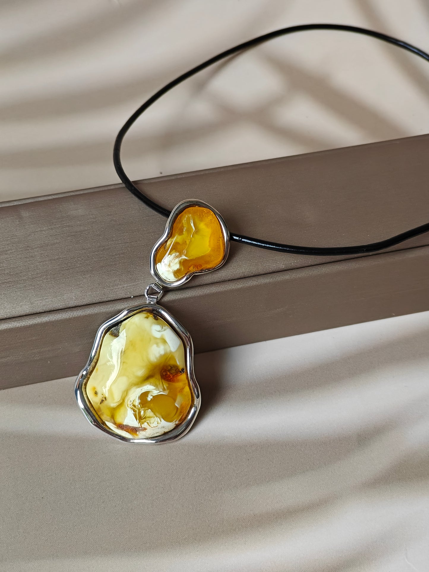 Huge Unique Natural Royal White/ Honey Amber Handmade Pendant in Silver