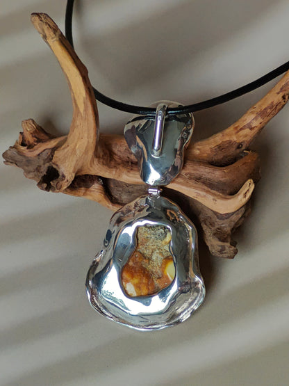 Huge Unique Natural Royal White/ Honey Amber Handmade Pendant in Silver