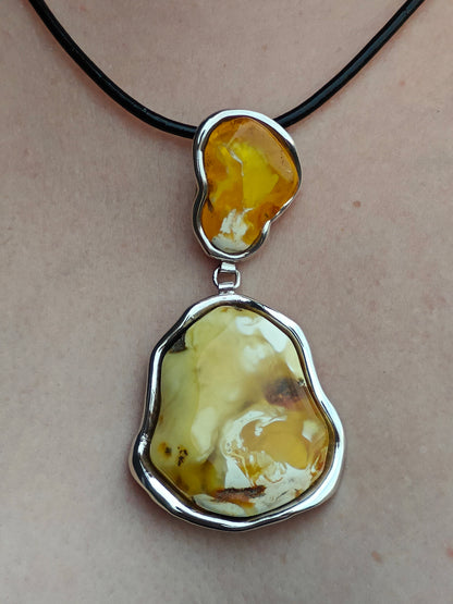 Huge Unique Natural Royal White/ Honey Amber Handmade Pendant in Silver