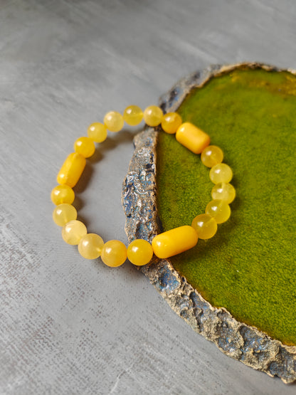 Natural Cylinder and Round Shaped Beaded Natural Amber Bracelet