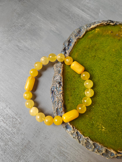 Natural Cylinder and Round Shaped Beaded Natural Amber Bracelet