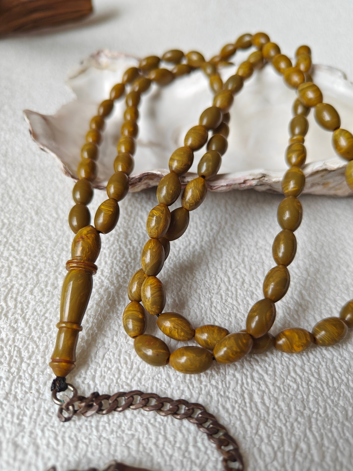 Olive Green Antique American Bakelite with Yellow Veins and Silver Tassel Tasbih 99 Beads