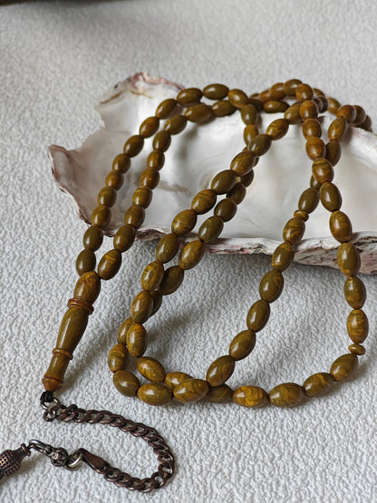 Olive Green Antique American Bakelite with Yellow Veins and Silver Tassel Tasbih 99 Beads