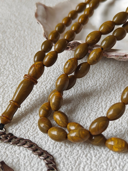 Olive Green Antique American Bakelite with Yellow Veins and Silver Tassel Tasbih 99 Beads