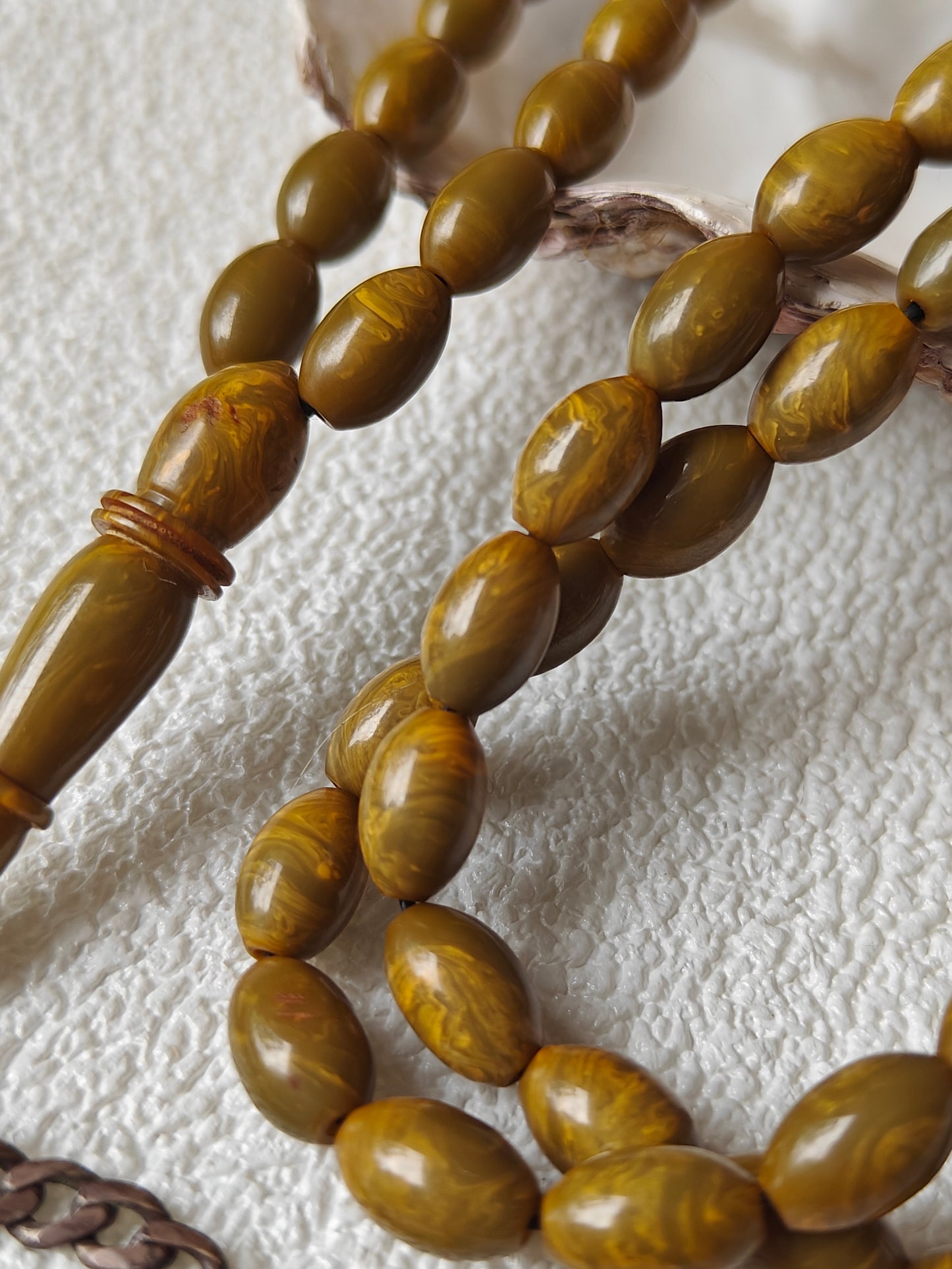 Olive Green Antique American Bakelite with Yellow Veins and Silver Tassel Tasbih 99 Beads