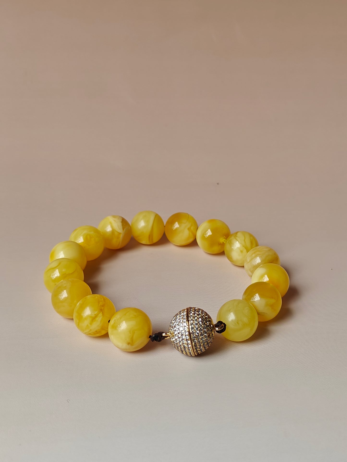 Royal White / Butterscotch Natural Amber Beaded Bracelet with Metal Magnetic Closure