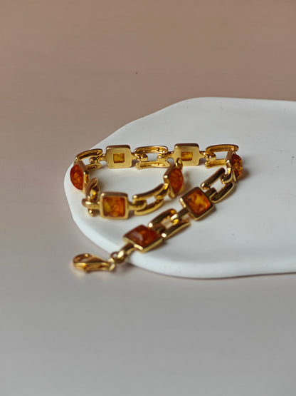 Natural Cognac Amber Bracelet in Gold Plated Silver 925