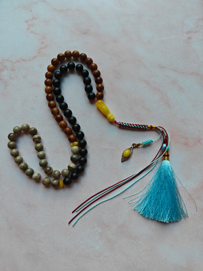 Natural Baltic Amber, Polish Striped Flint and Egyptian Kokka Wood Rosary 66 Beads