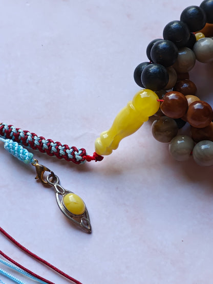 Natural Baltic Amber, Polish Striped Flint and Egyptian Kokka Wood Rosary 66 Beads