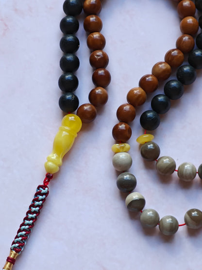 Natural Baltic Amber, Polish Striped Flint and Egyptian Kokka Wood Rosary 66 Beads