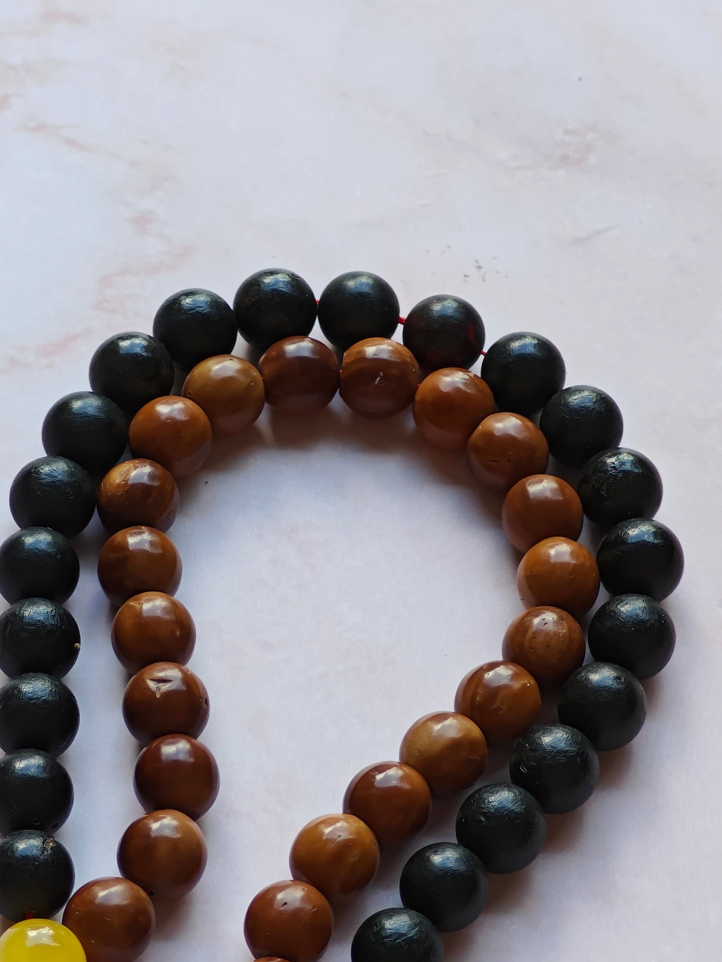 Natural Baltic Amber, Polish Striped Flint and Egyptian Kokka Wood Rosary 66 Beads