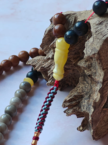 Natural Baltic Amber, Polish Striped Flint and Egyptian Kokka Wood Rosary 66 Beads