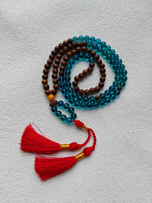 Blue Amber and Egyptian Kokka Wood Buddhist Mala 108 Prayer Beads