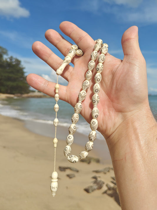 Vintage Camel Bone Olive Shape Rosary with Silver Patterns 33 Beads