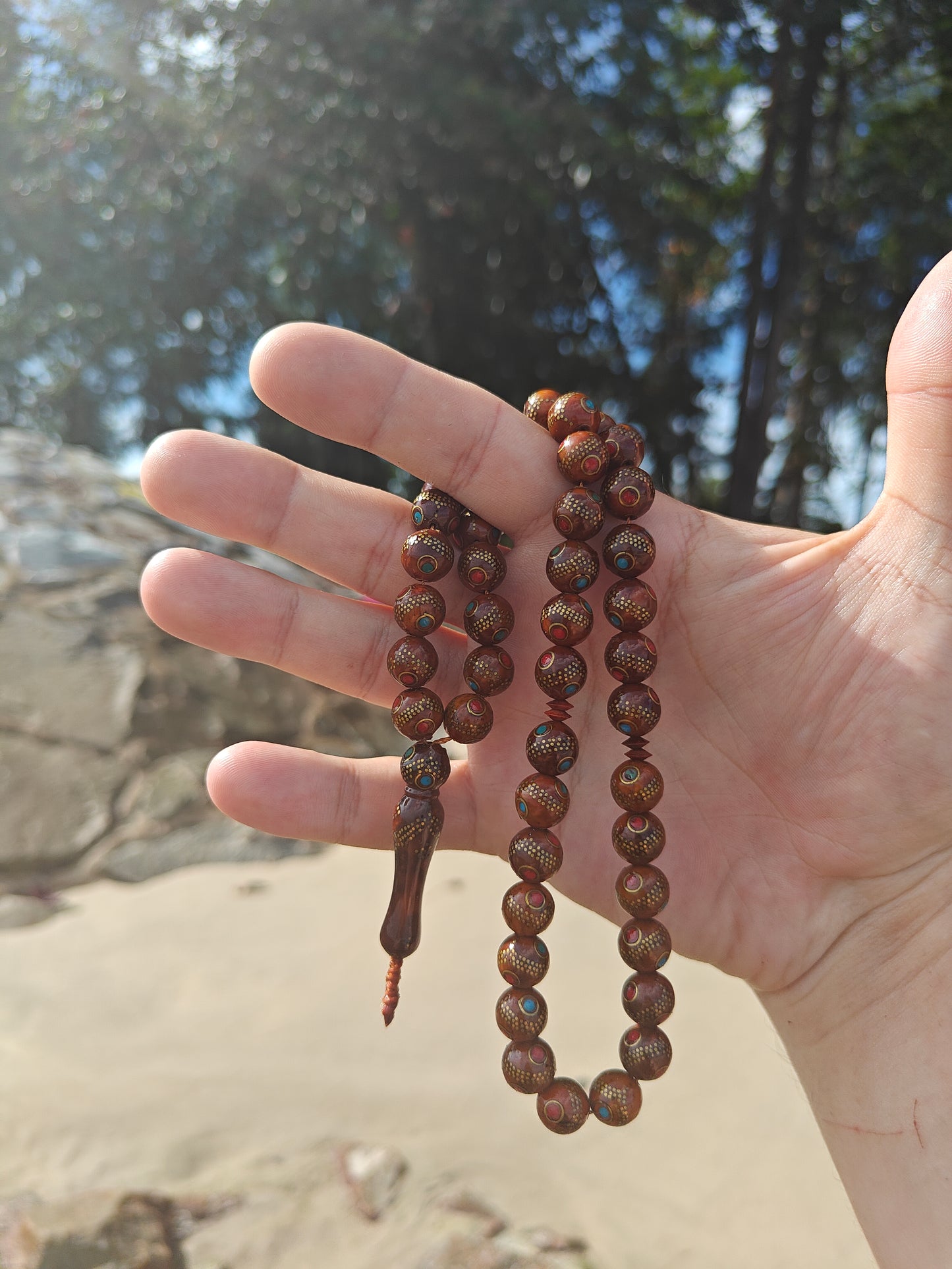 Egyptian Kokka Wood Tasbih with Copper Patterns 45 Beads