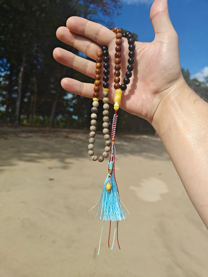 Natural Baltic Amber, Polish Striped Flint and Egyptian Kokka Wood Rosary 66 Beads