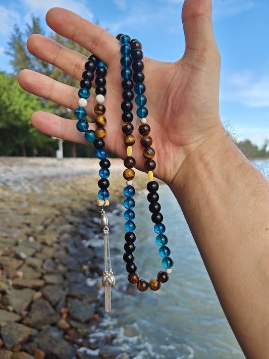 Unique Royal White and Blue Amber, Tiger Eye and Black Onyx Tasbih With Silver 66 Beads