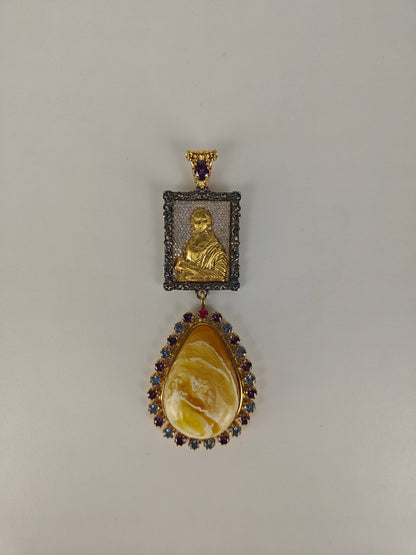 Large Butterscotch / Royal White Amber Pendant with Mona Lisa Painting in Gold Plated Silver Case with Gemstones