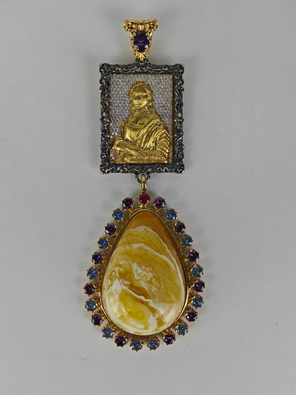 Large Butterscotch / Royal White Amber Pendant with Mona Lisa Painting in Gold Plated Silver Case with Gemstones