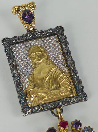 Large Butterscotch / Royal White Amber Pendant with Mona Lisa Painting in Gold Plated Silver Case with Gemstones