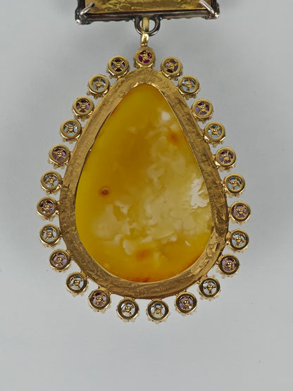 Large Butterscotch / Royal White Amber Pendant with Mona Lisa Painting in Gold Plated Silver Case with Gemstones