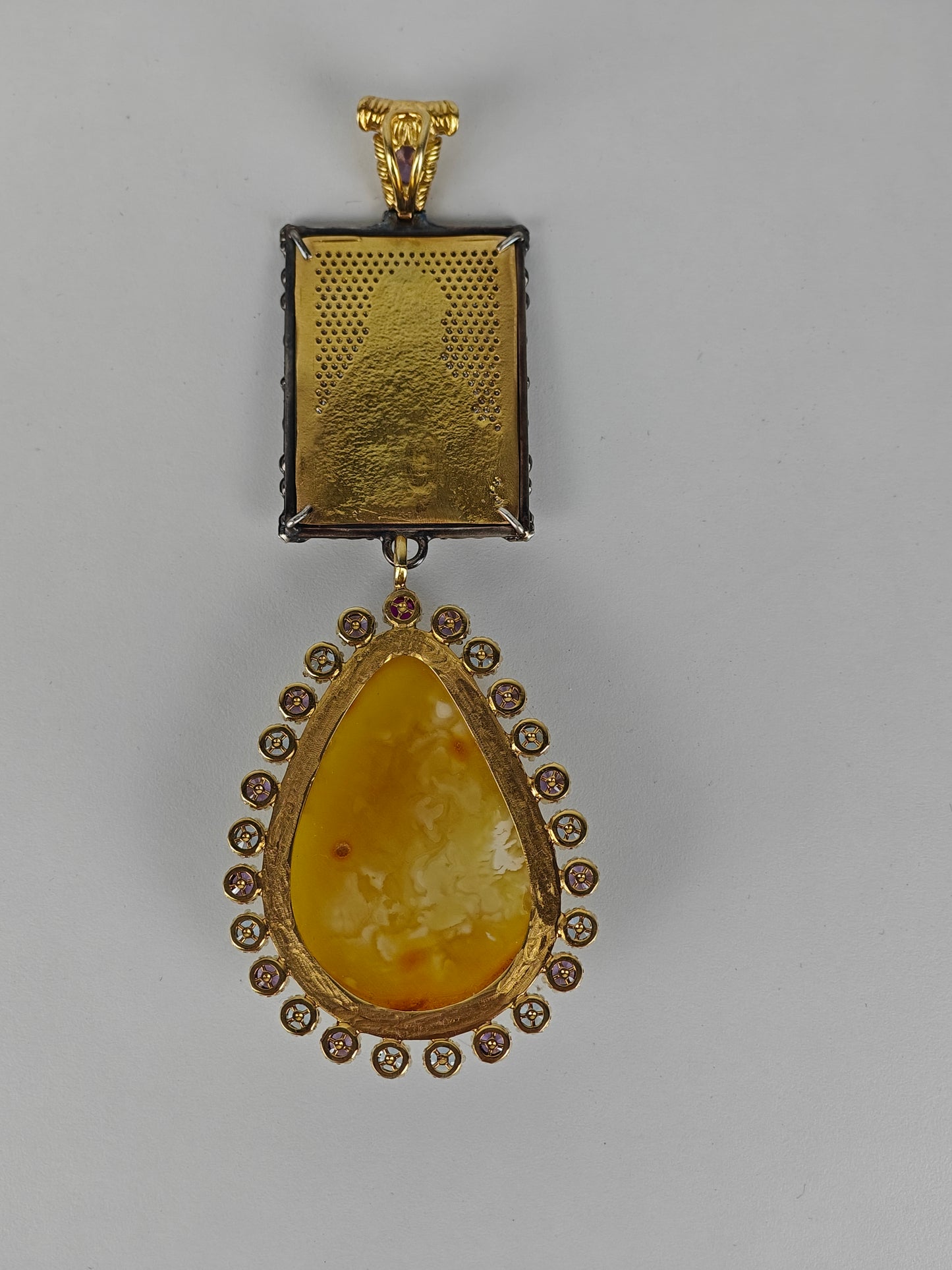 Large Butterscotch / Royal White Amber Pendant with Mona Lisa Painting in Gold Plated Silver Case with Gemstones