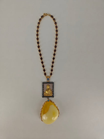 Unique Artistic Natural Cloudy Milk Amber Pendant with Gemstone Necklace in Gold Plated Silver