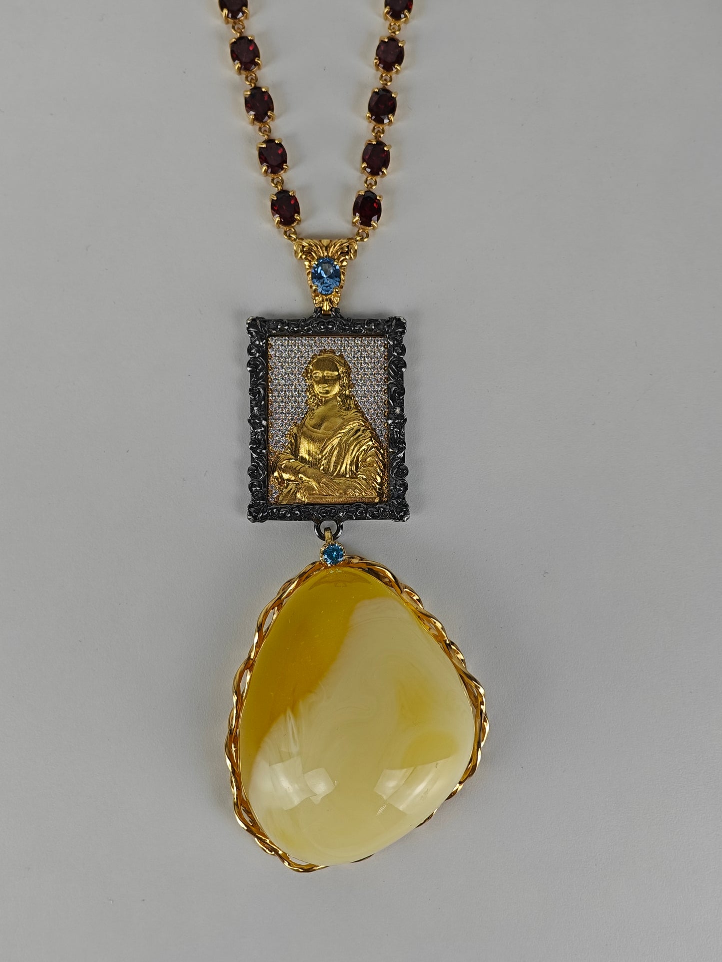 Unique Artistic Natural Cloudy Milk Amber Pendant with Gemstone Necklace in Gold Plated Silver