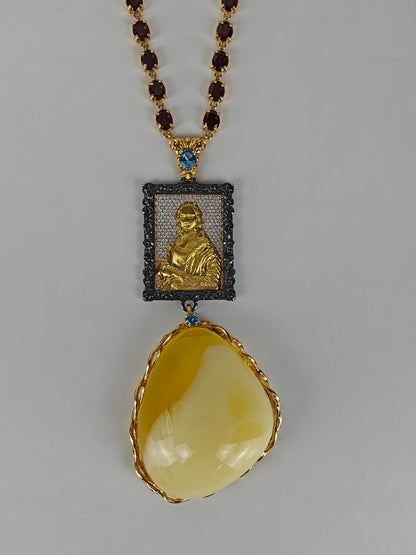 Unique Artistic Natural Cloudy Milk Amber Pendant with Gemstone Necklace in Gold Plated Silver