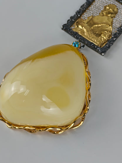 Unique Artistic Natural Cloudy Milk Amber Pendant with Gemstone Necklace in Gold Plated Silver