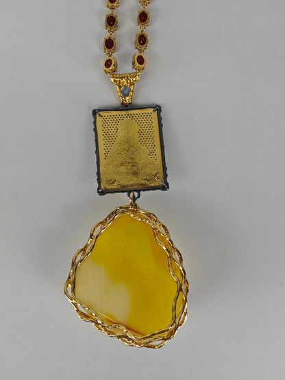 Unique Artistic Natural Cloudy Milk Amber Pendant with Gemstone Necklace in Gold Plated Silver