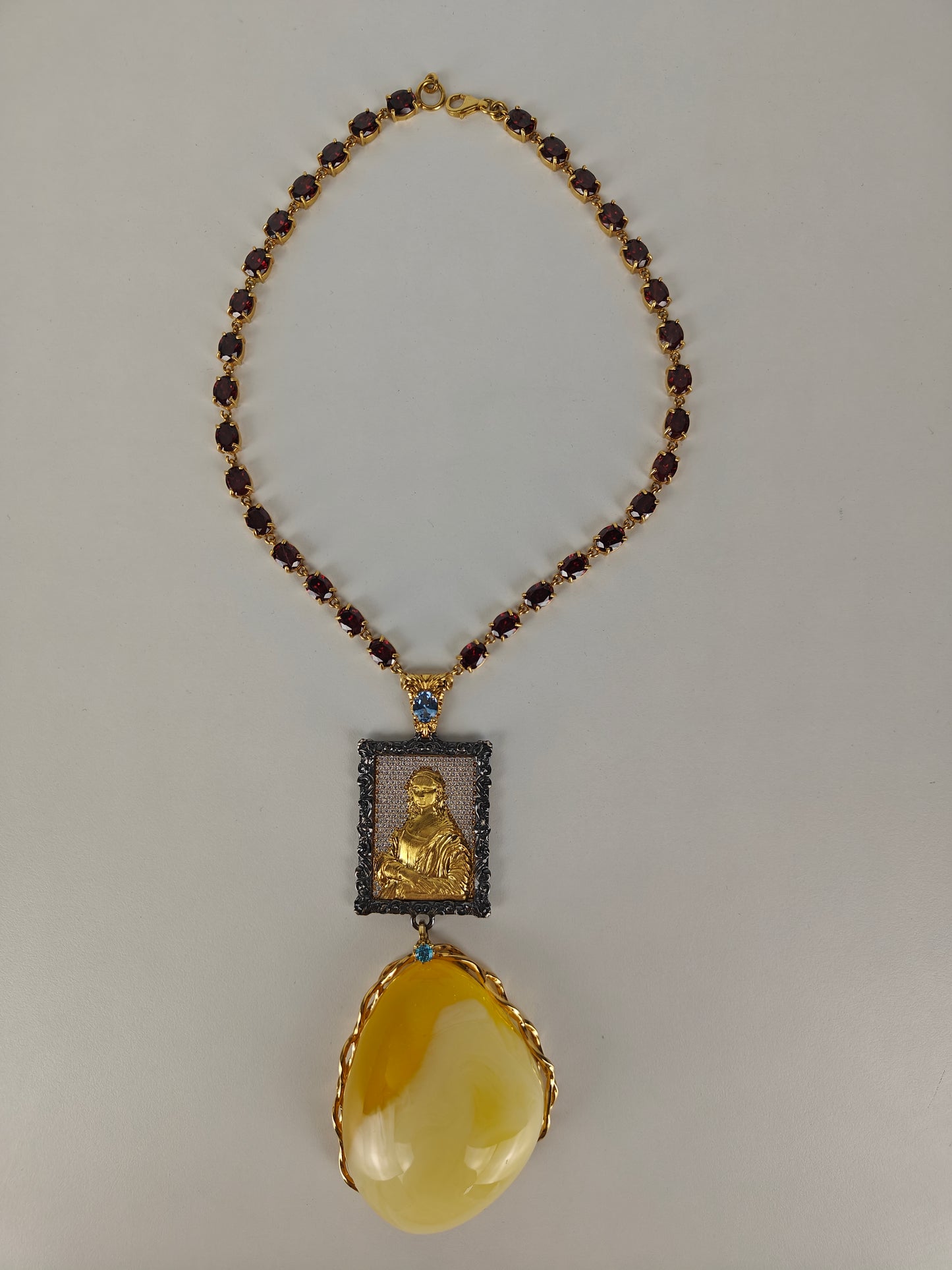 Unique Artistic Natural Cloudy Milk Amber Pendant with Gemstone Necklace in Gold Plated Silver