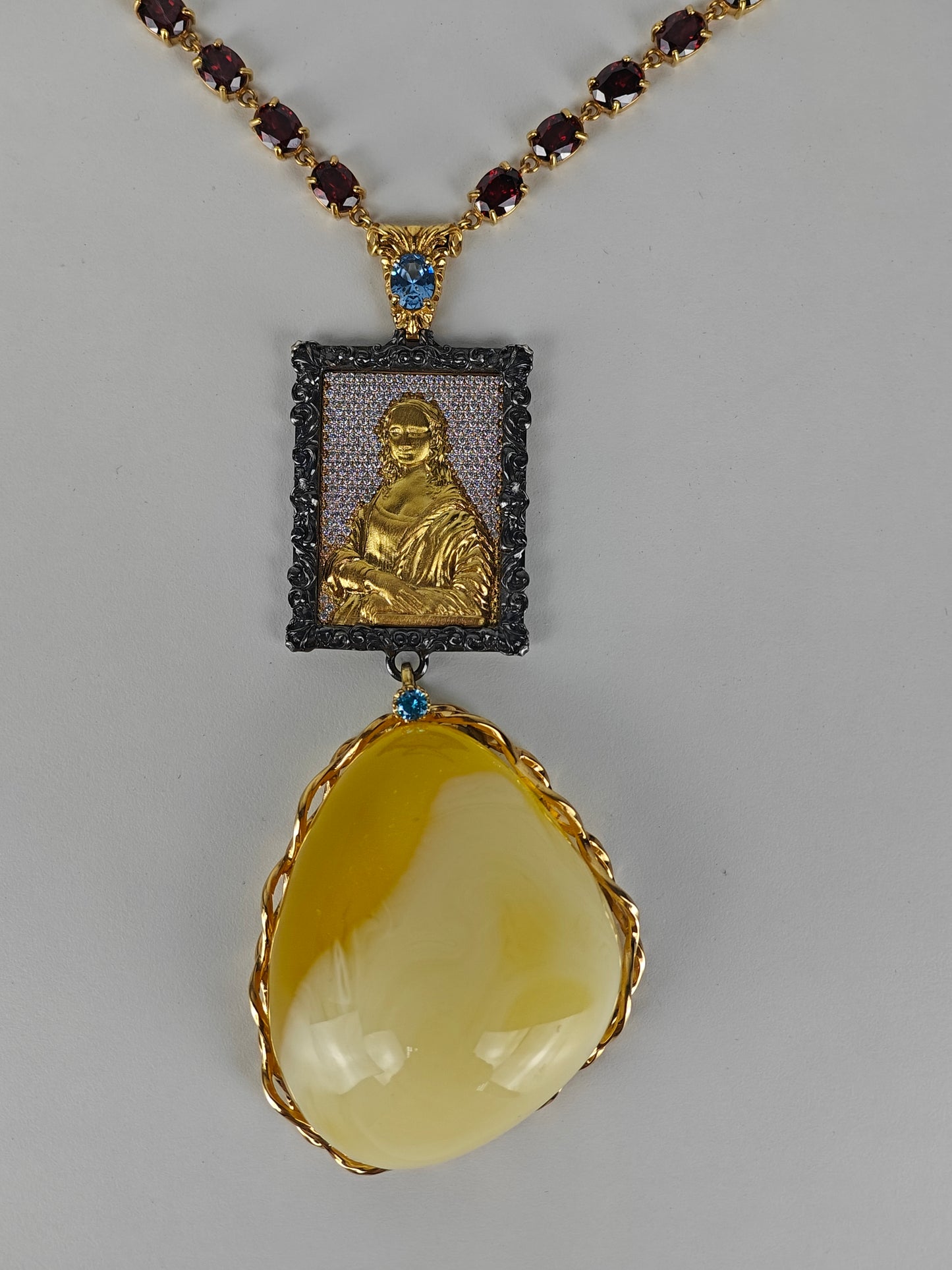 Unique Artistic Natural Cloudy Milk Amber Pendant with Gemstone Necklace in Gold Plated Silver