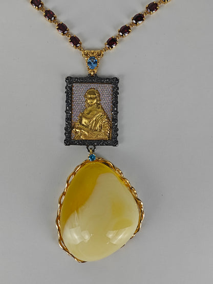 Unique Artistic Natural Cloudy Milk Amber Pendant with Gemstone Necklace in Gold Plated Silver