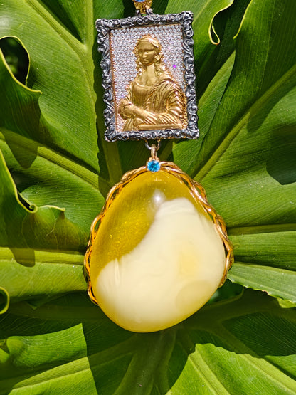 Unique Artistic Natural Cloudy Milk Amber Pendant with Gemstone Necklace in Gold Plated Silver