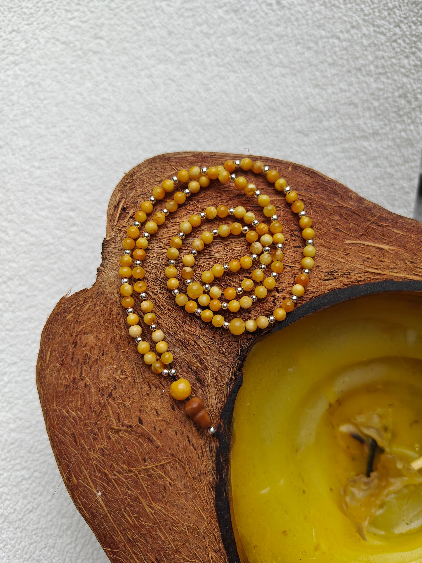 Micro Butterscotch Amber Rosary with Silver and Kokka Wood 99 Beads