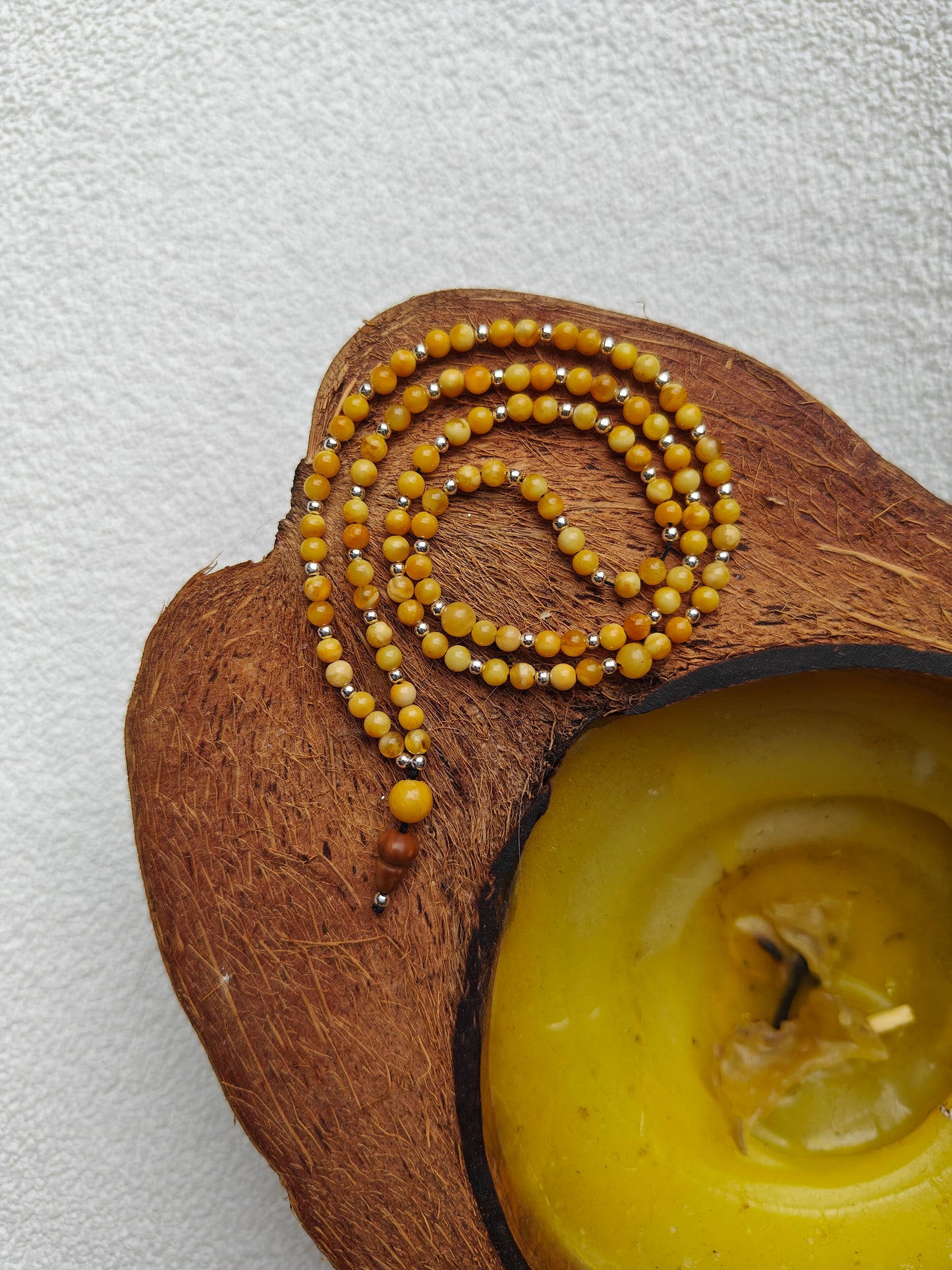 Micro Butterscotch Amber Rosary with Silver and Kokka Wood 99 Beads