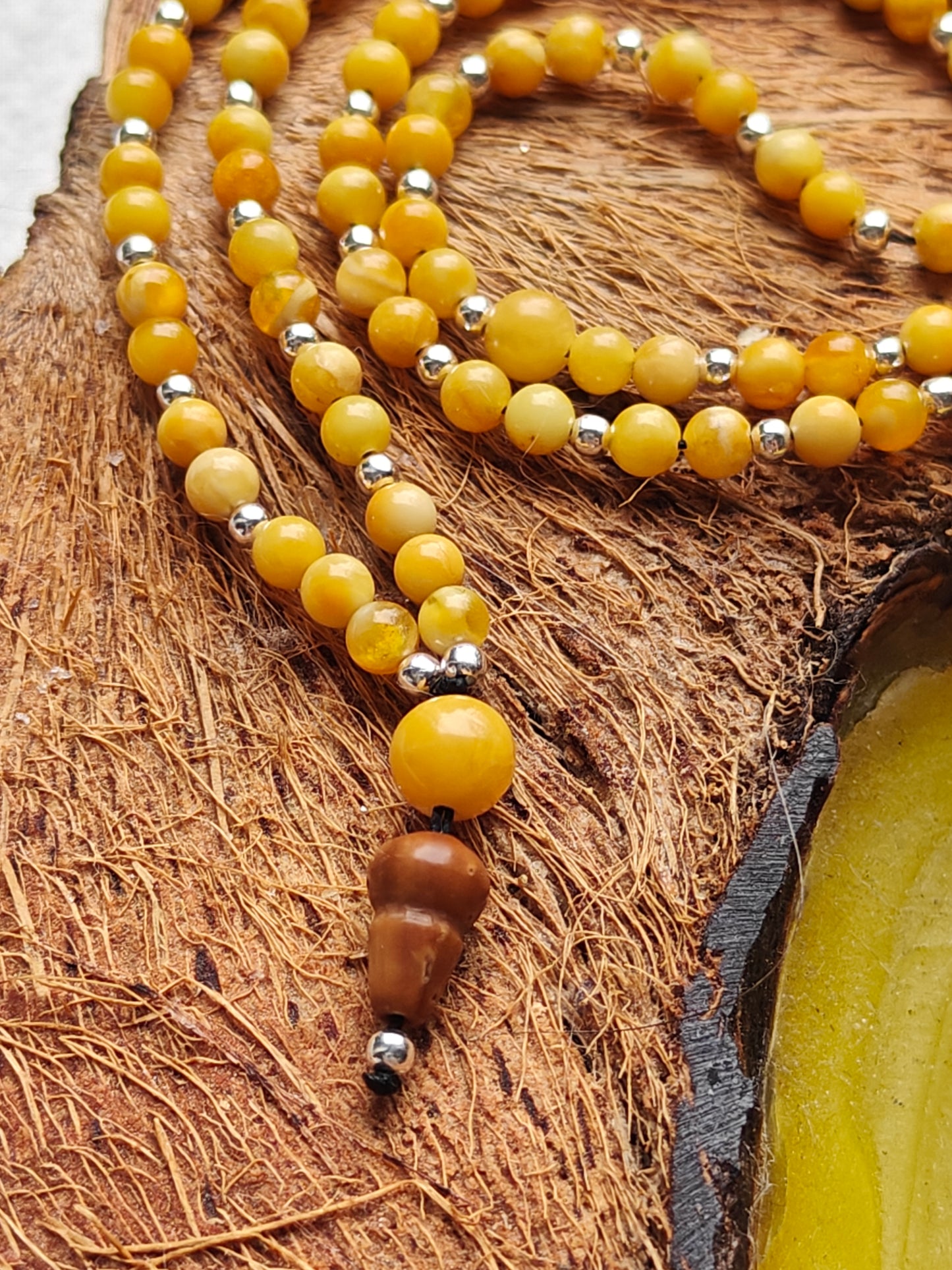 Micro Butterscotch Amber Rosary with Silver and Kokka Wood 99 Beads