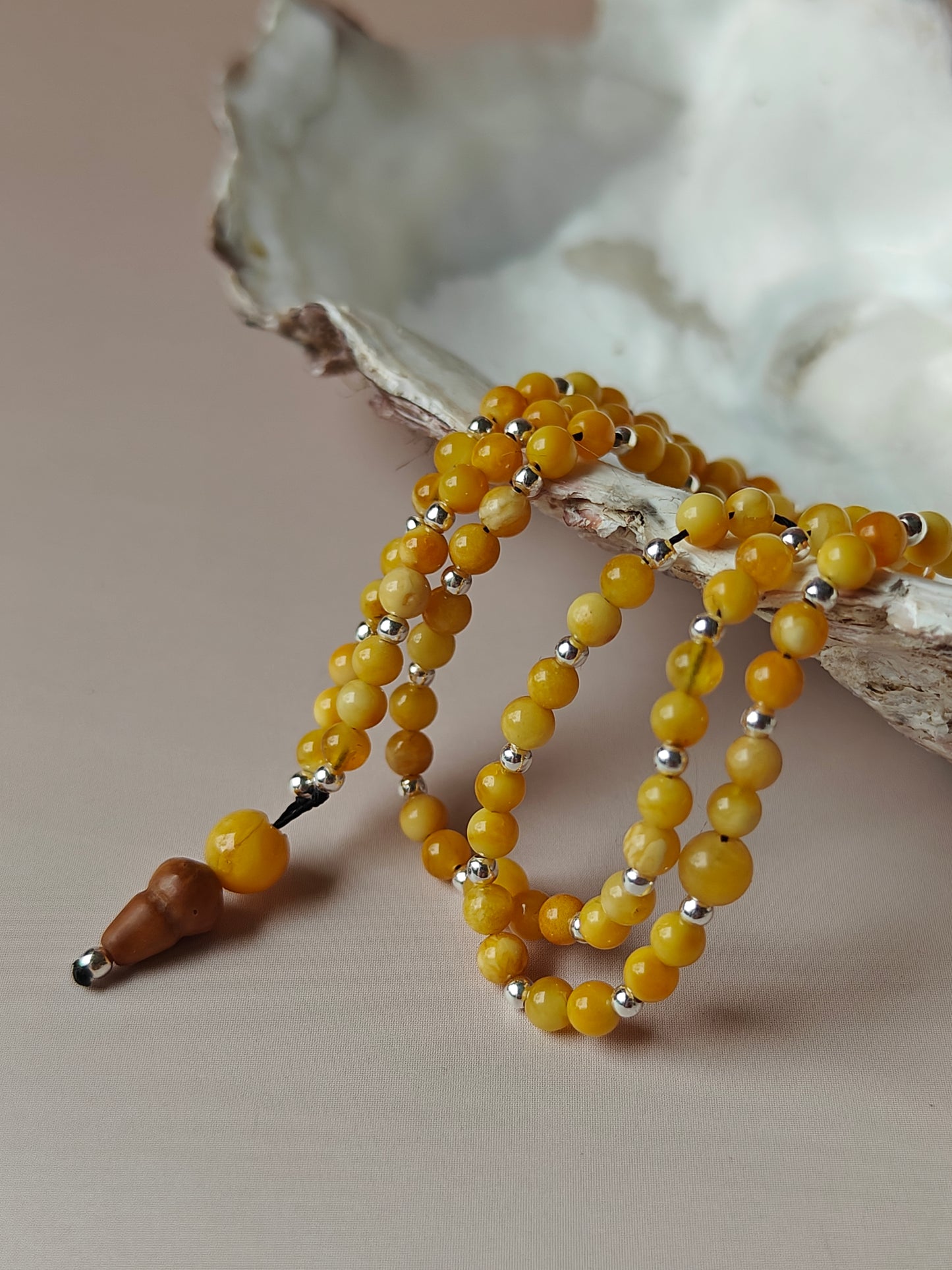 Micro Butterscotch Amber Rosary with Silver and Kokka Wood 99 Beads