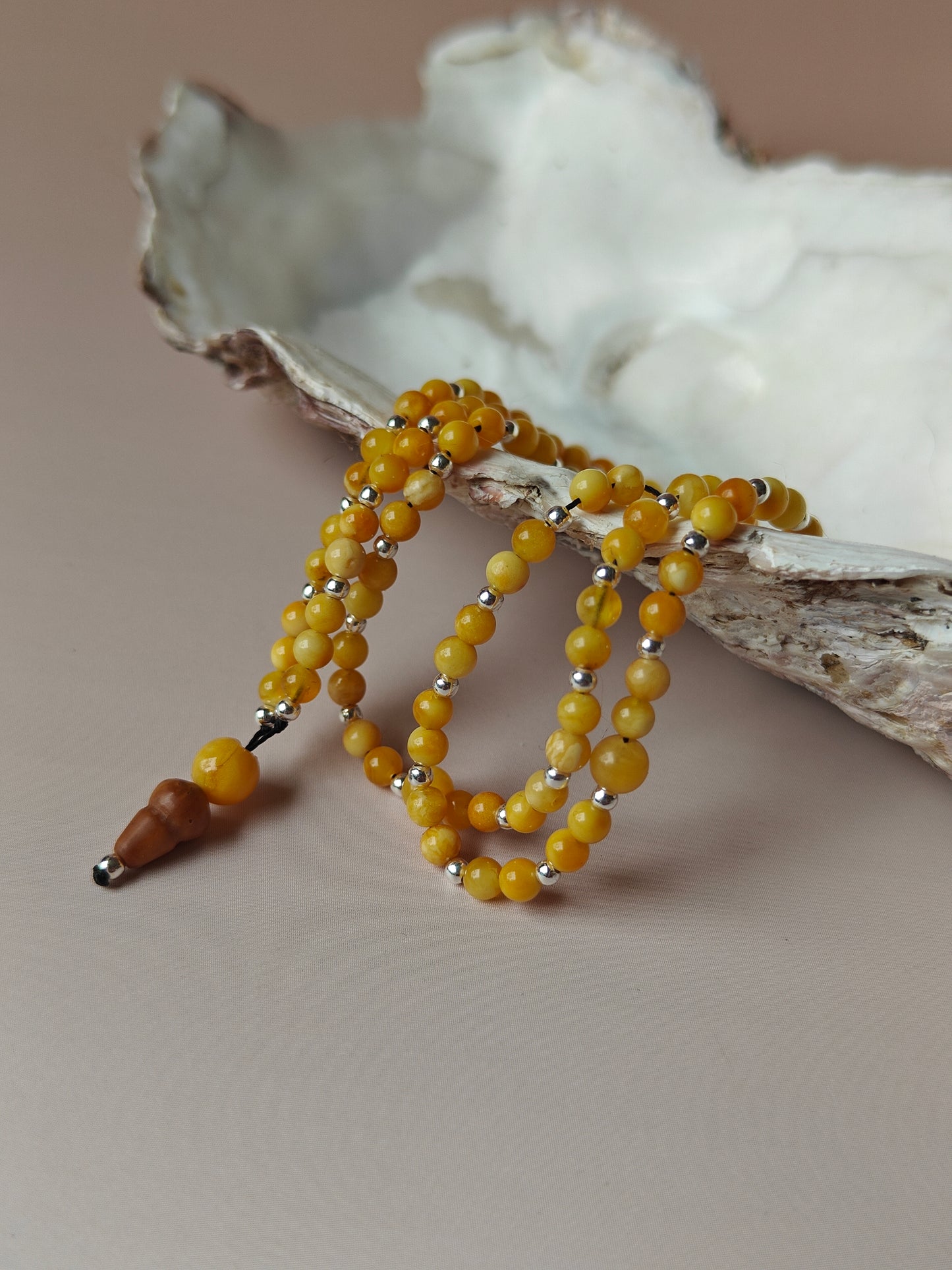 Micro Butterscotch Amber Rosary with Silver and Kokka Wood 99 Beads