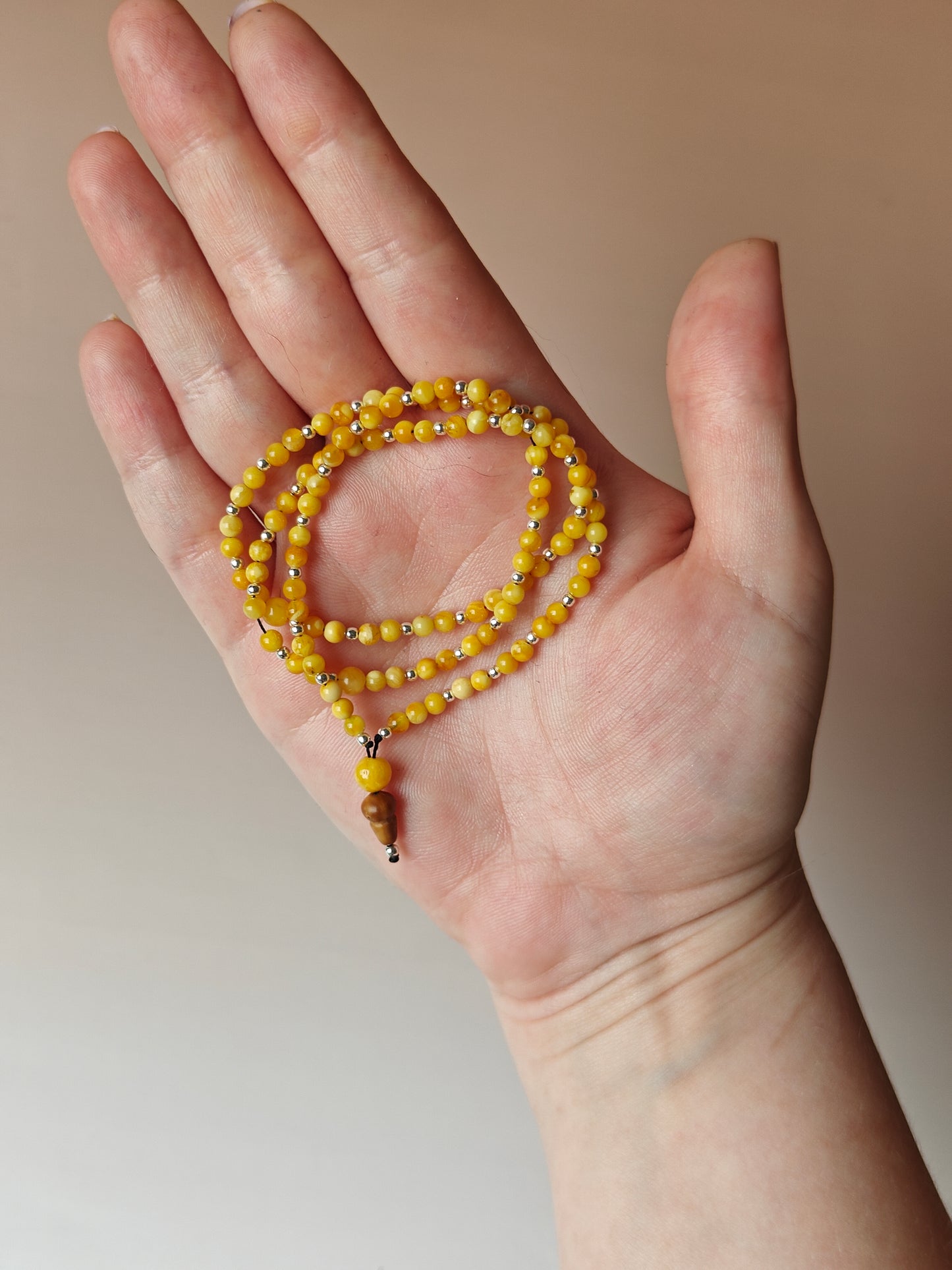 Micro Butterscotch Amber Rosary with Silver and Kokka Wood 99 Beads