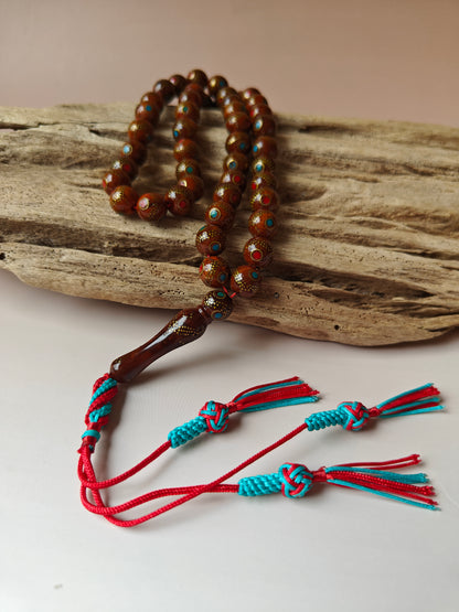 Egyptian Kokka Wood Tasbih with Copper Patterns 45 Beads